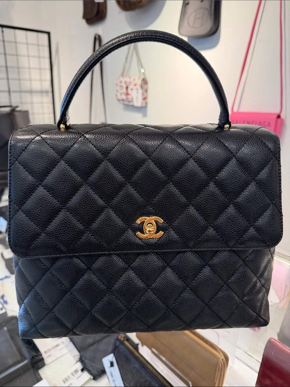 CHANEL Black Quilted Top Handle Satchel with Gold CC